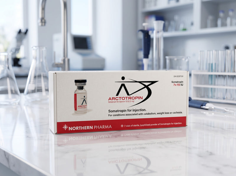 Arctotropin product packaging on laboratory counter