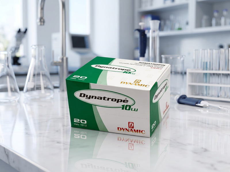 Dynatrope product packaging on laboratory counter