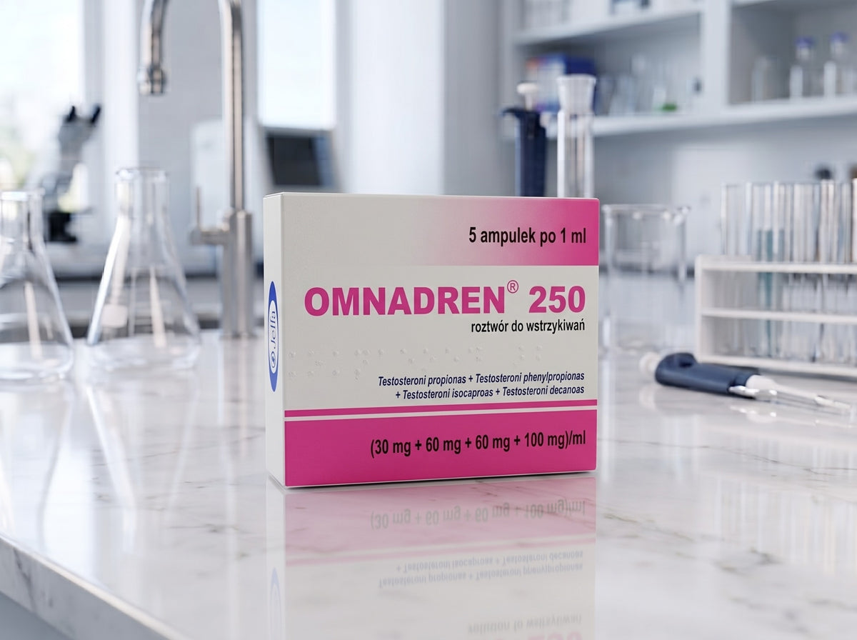 Omnadren 250 product packaging on laboratory counter