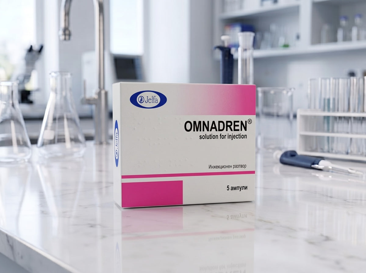 Omnadren product packaging on laboratory counter
