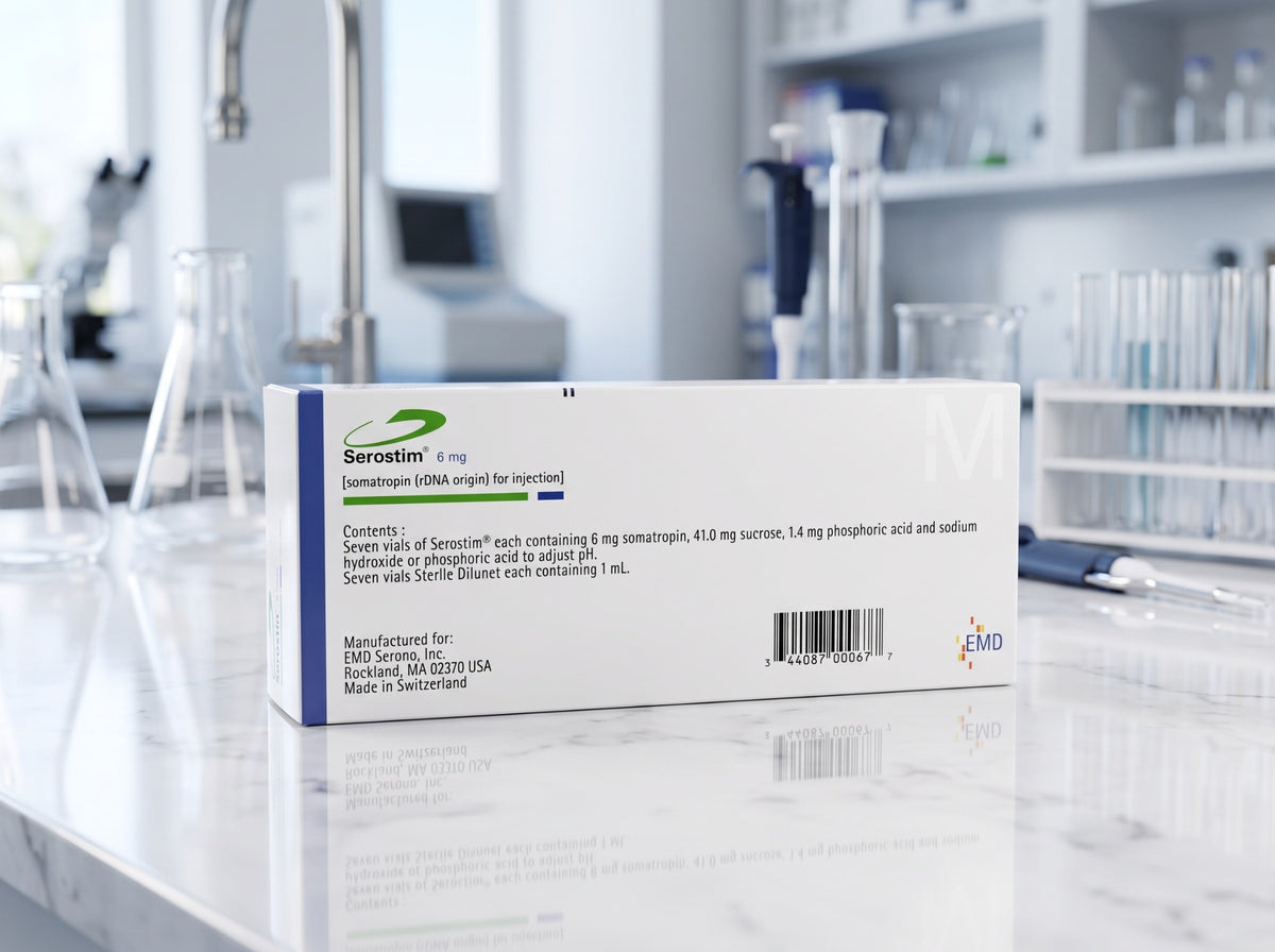 Serostim product packaging on laboratory counter