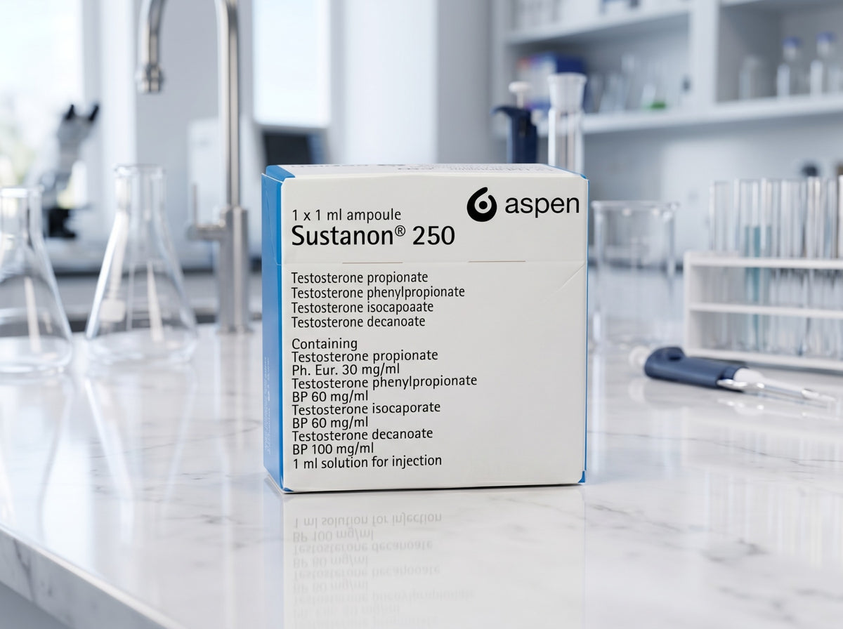 Sustanon 250 product packaging on laboratory counter