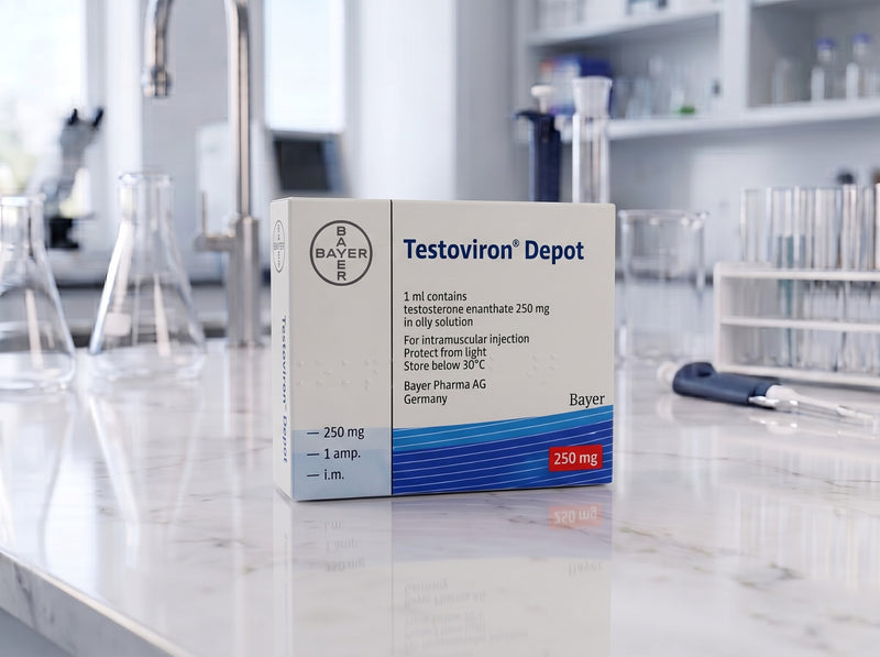 Testoviron Depot product packaging on laboratory counter